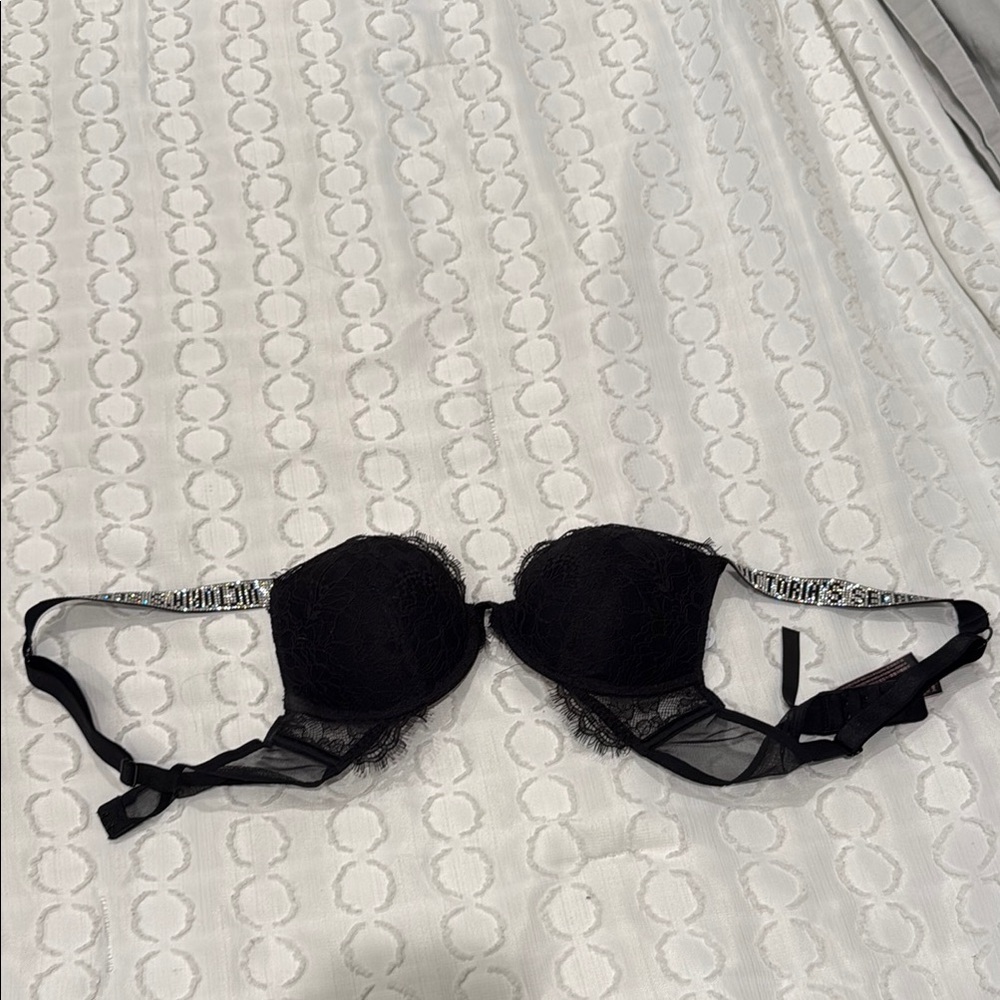 Sexy Black Lace Bra with Rhinestone Straps